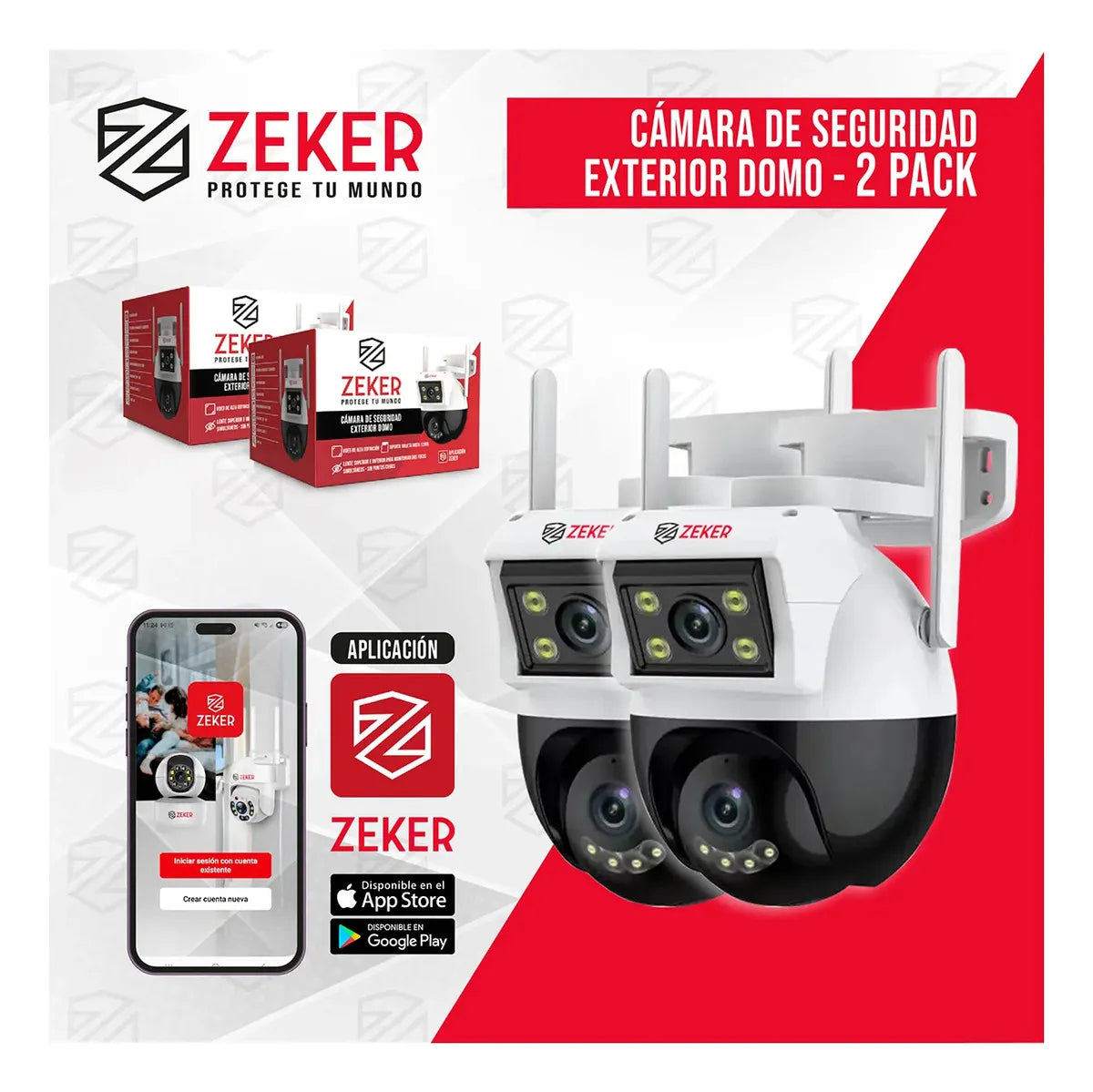 Camara De Seguridad 4mp Zeker Doble Exterior e Interior Vigilancia Casa PTZ 360 Impermeable IP66 Sensor Domo Movimiento Full HD Audio Bidireccional App Zeker Pack X2