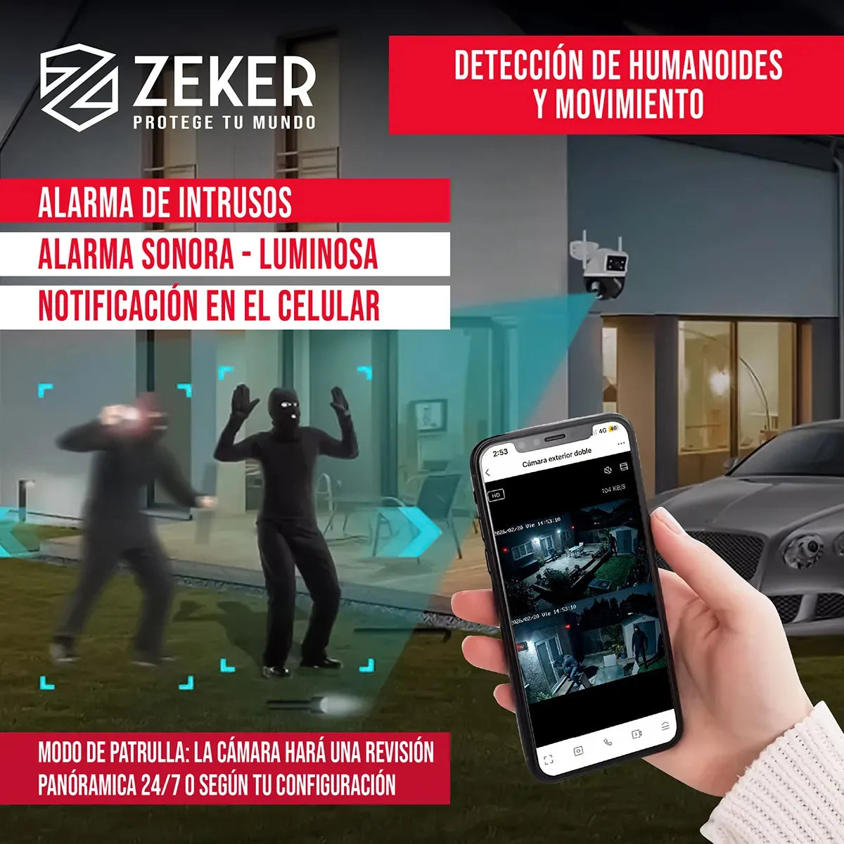 Camara De Seguridad 4mp Zeker Doble Exterior e Interior Vigilancia Casa PTZ 360 Impermeable IP66 Sensor Domo Movimiento Full HD Audio Bidireccional App Zeker Pack X2