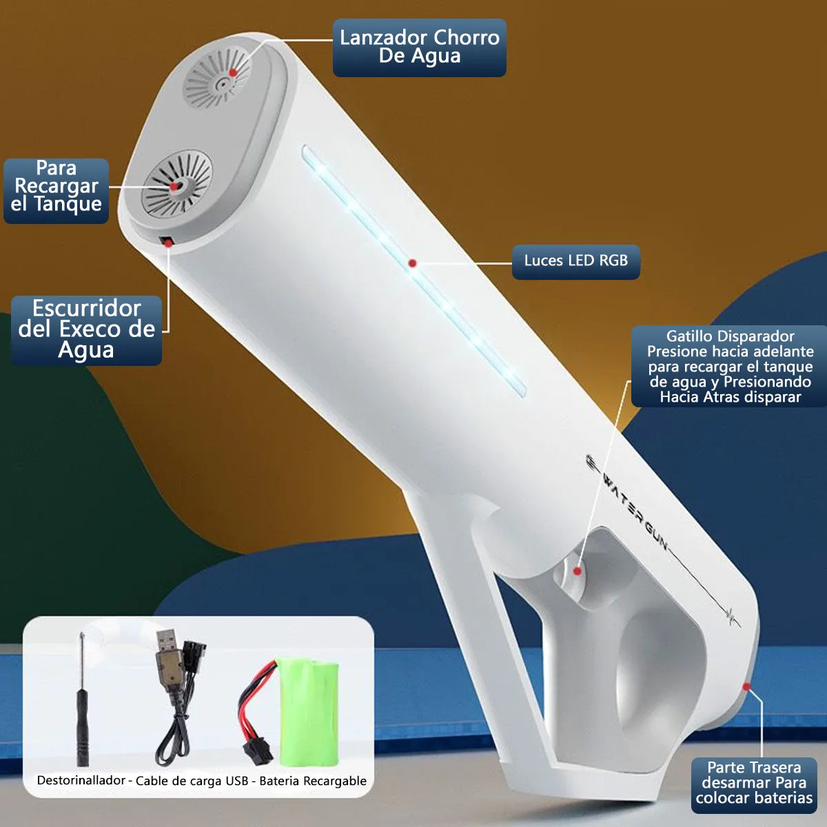 Pistola De Agua Eléctrica Con Luces Potente Chorro De Agua