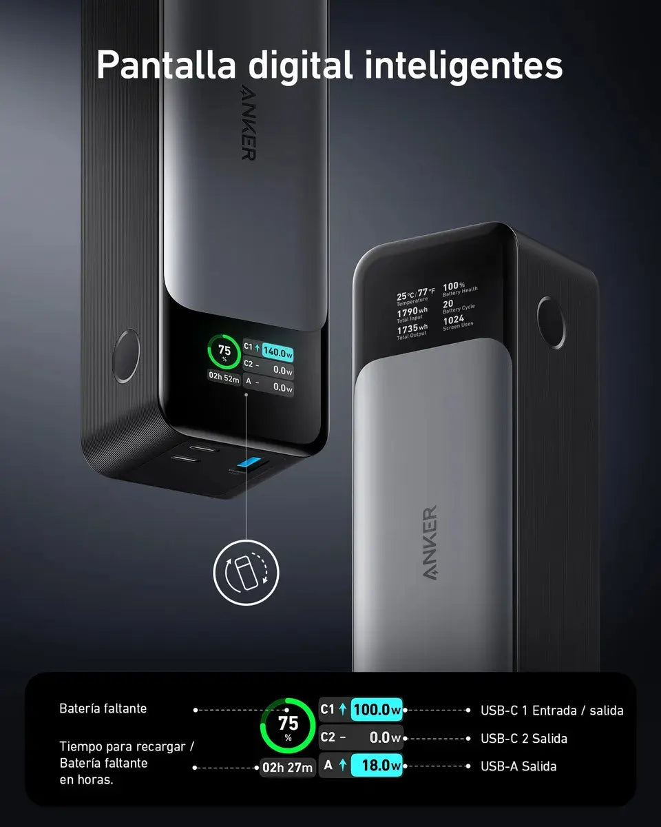 Cargador Portátil Power Bank Anker 737, 24000mah Cargador para Portátiles Salida de 140w.