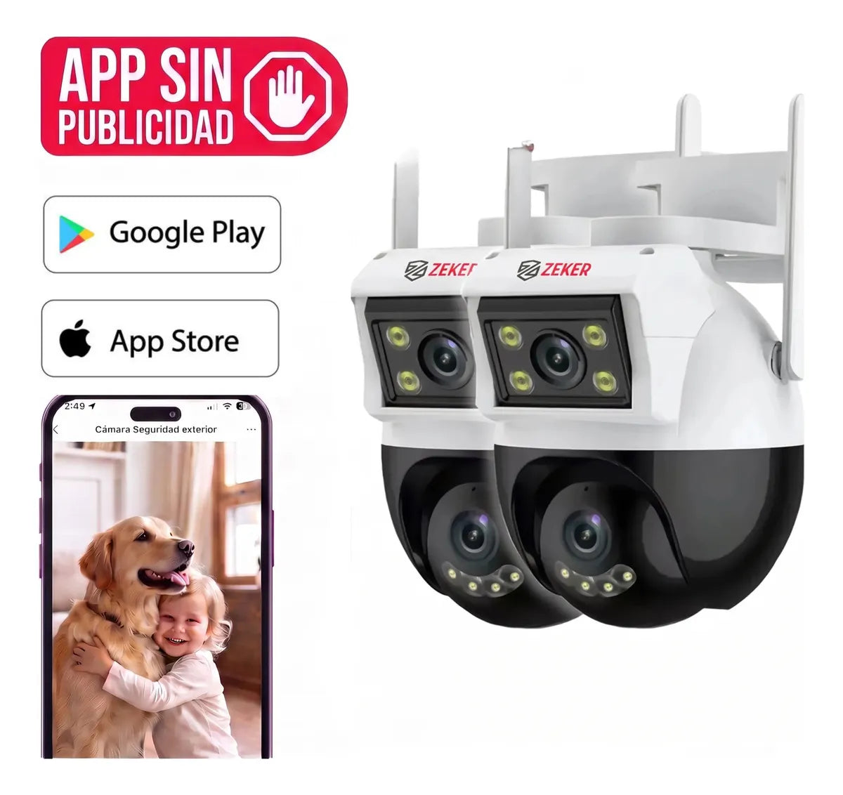 Camara De Seguridad 4mp Zeker Doble Exterior e Interior Vigilancia Casa PTZ 360 Impermeable IP66 Sensor Domo Movimiento Full HD Audio Bidireccional App Zeker Pack X2