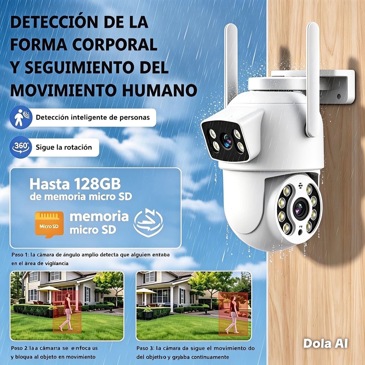 A-Cámara Seguridad Wifi Exterior Doble Visión Giro 360