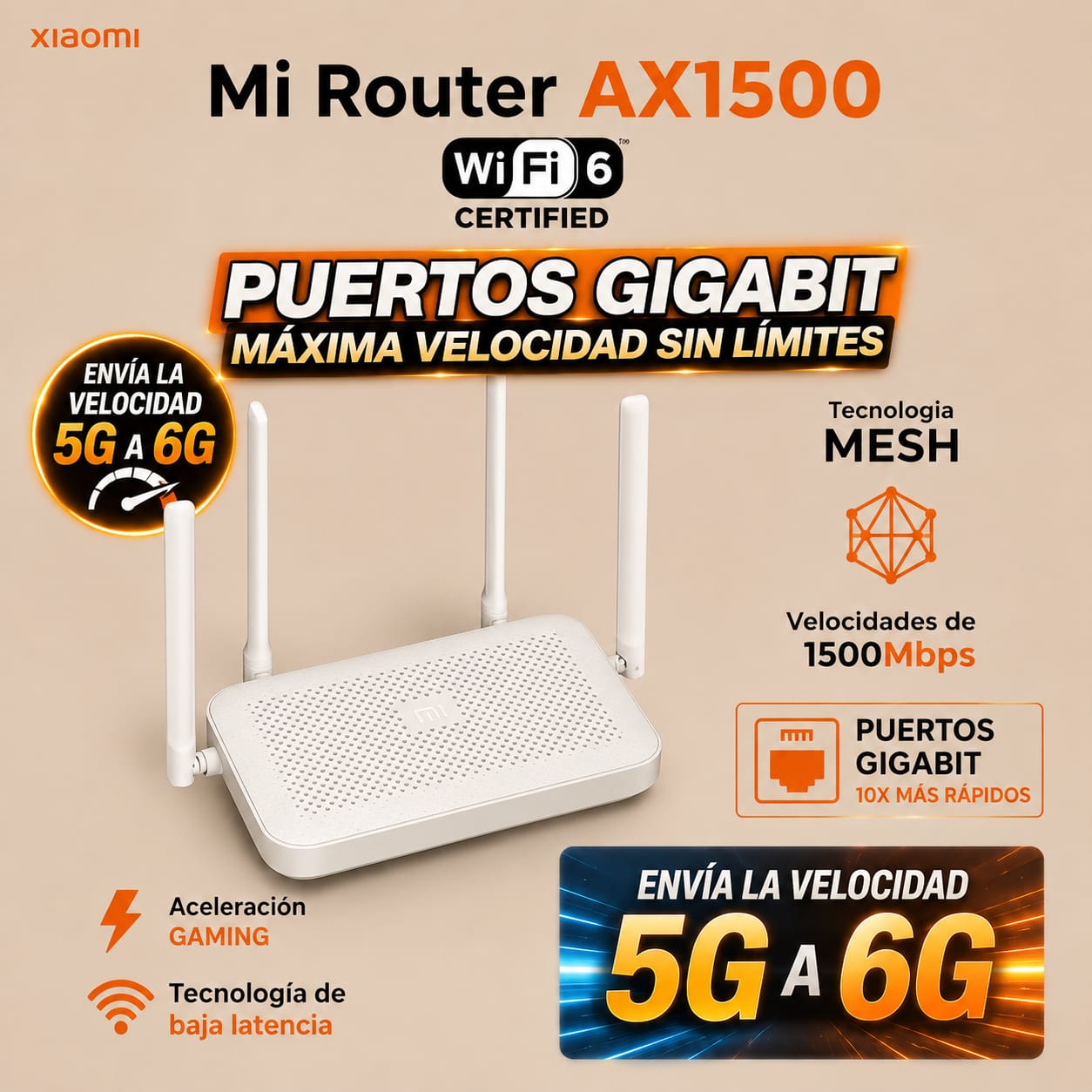 Router Xiaomi Original Wi-Fi 6 de 5GHz (Puertos Gigabit Ethernet)
