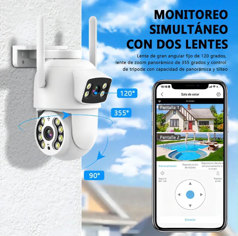 A-Cámara Seguridad Wifi Exterior Doble Visión Giro 360