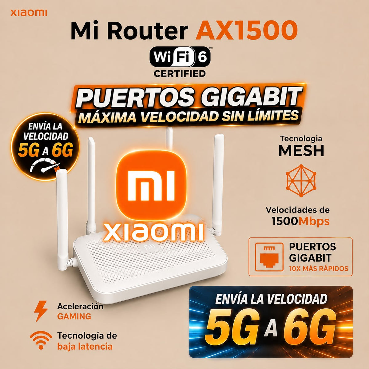 A-Router Xiaomi Original Wi-Fi 6 de 5GHz (Puertos Gigabit Ethernet)